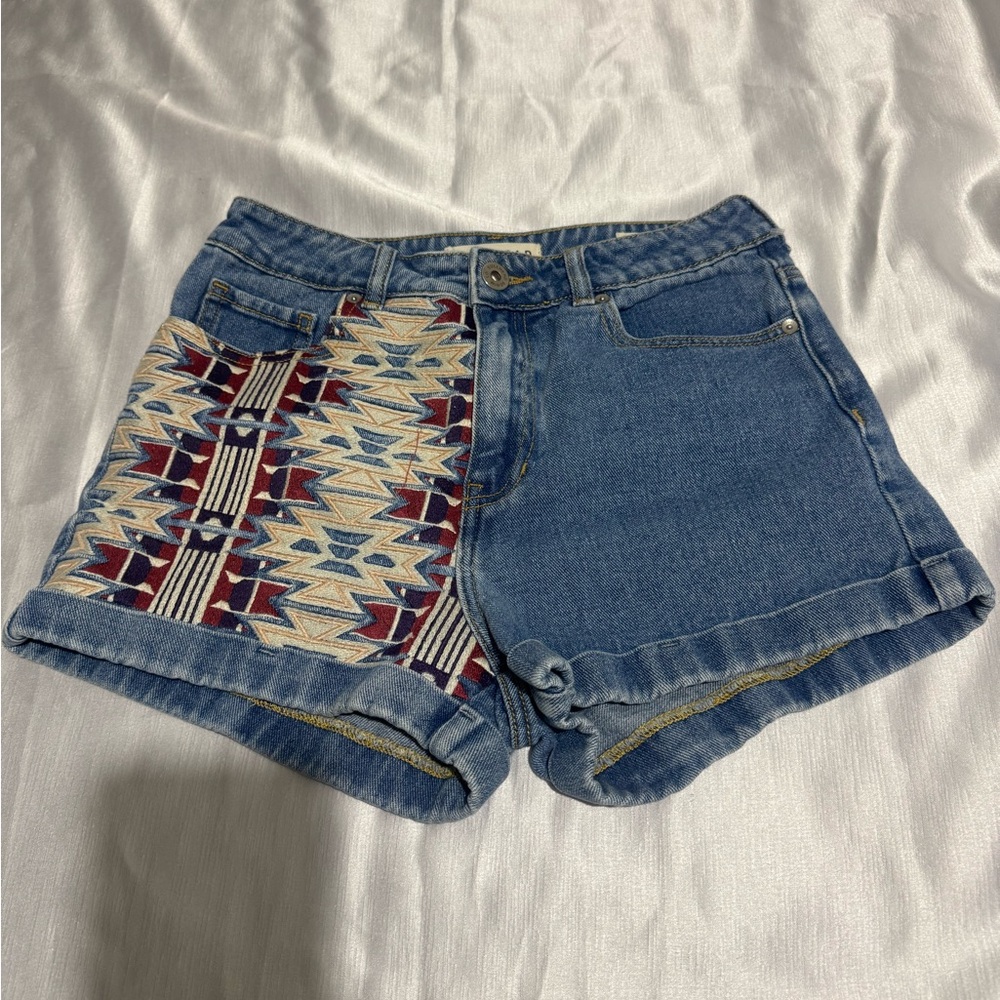 Bullhead Blue Denim Jean Shorts with Multicolor Aztec Panel